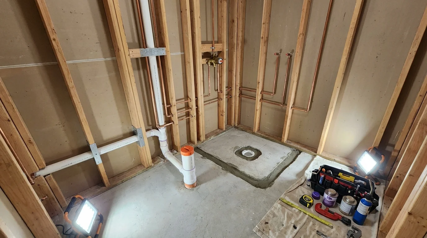 Bathroom rough-in plumbing during remodel by Johns Plumbing LLC in Schoharie