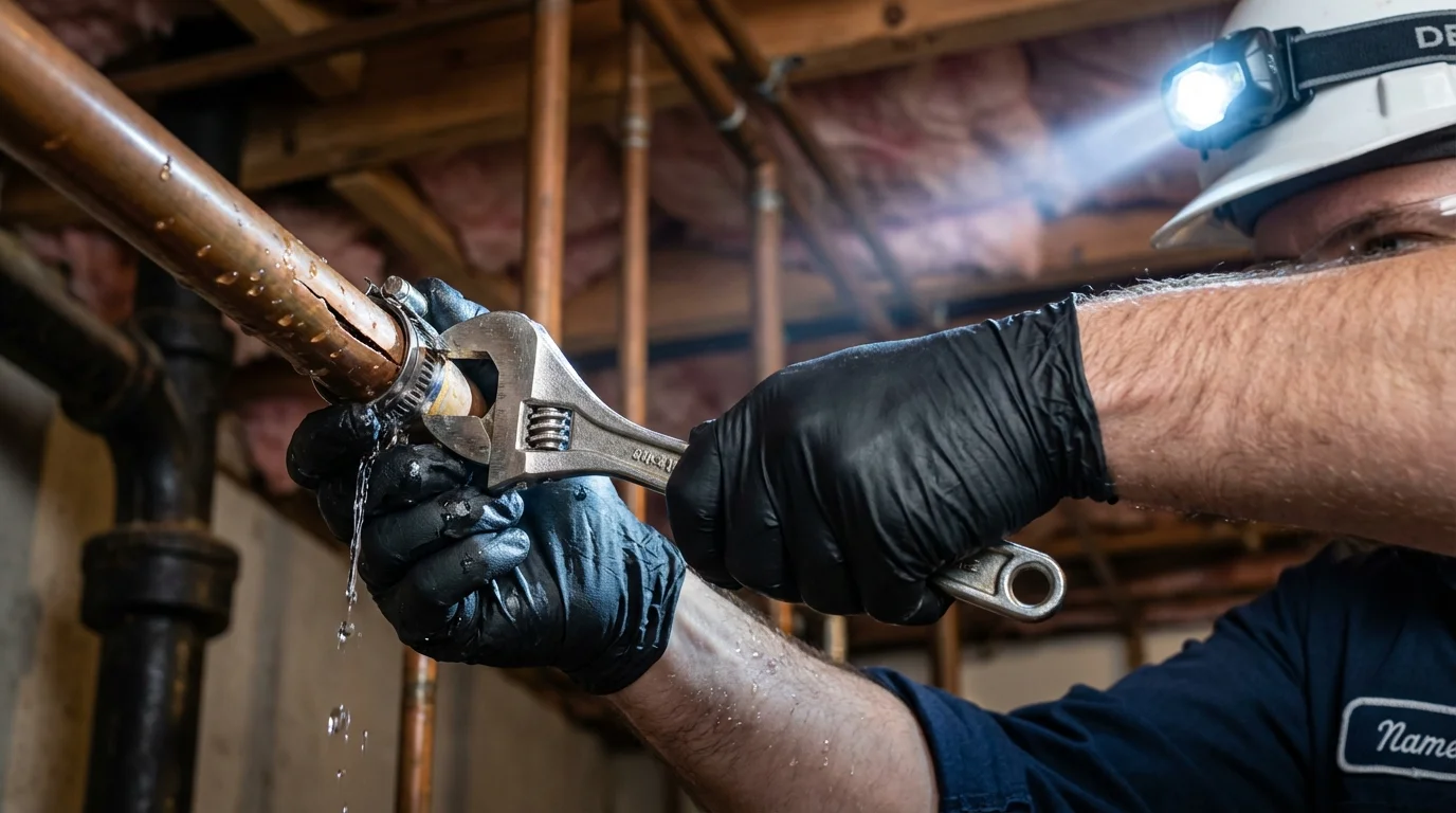 Emergency pipe clamp repair being performed by a Johns Plumbing LLC plumber in Schoharie