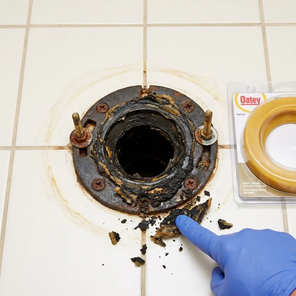 Failed wax ring showing water seepage at the base of a toilet in a Schoharie, NY home