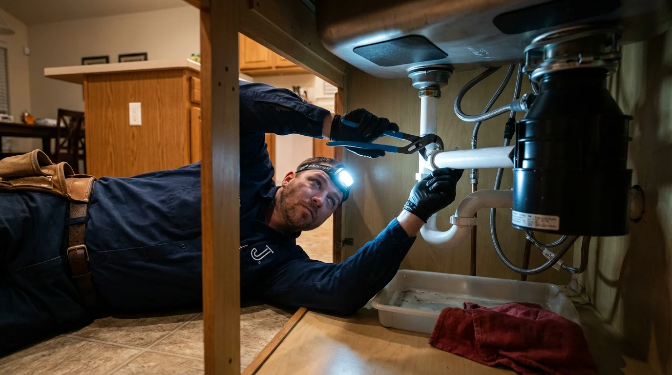 P-trap and supply line connections under a kitchen sink showing a common leak point in Schoharie, NY